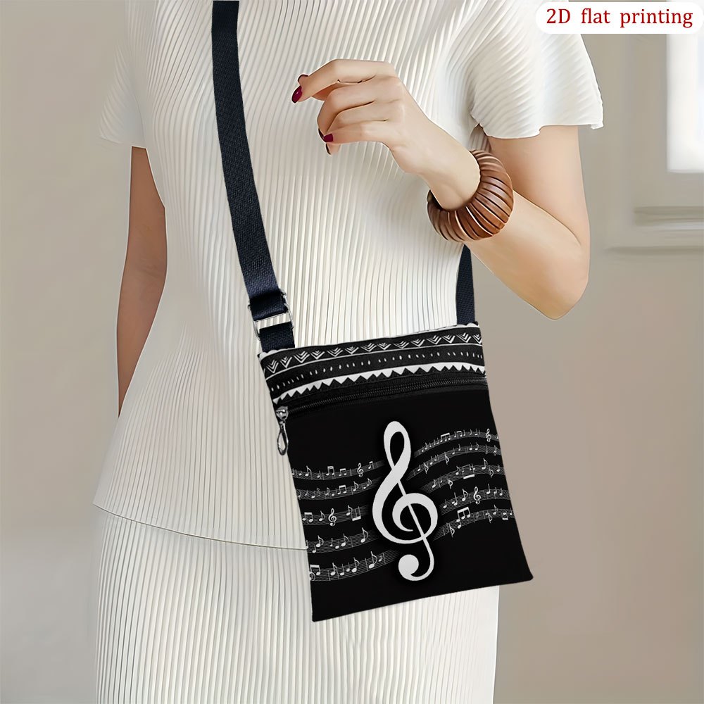 TEMU 1pc Music Note & Treble Clef Crossbody Bag - Adjustable Strap, Zipper Closure, Durable Fabric Handbag Suitable For Travel, Camping, Beach Trips,
