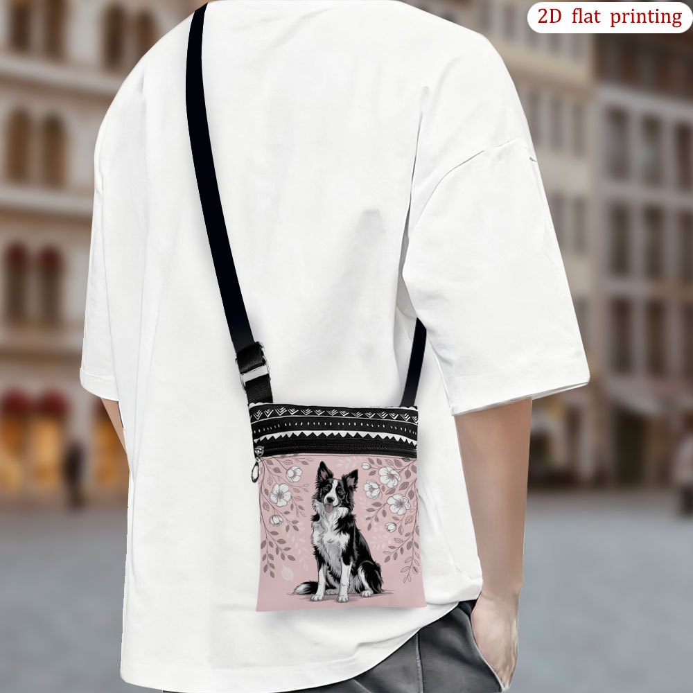 TEMU 1pc Border Collie & Flower Print Crossbody Bag - Adjustable Strap, Lightweight Durable Fabric Handbag Suitable For Travel, Camping, Wedding