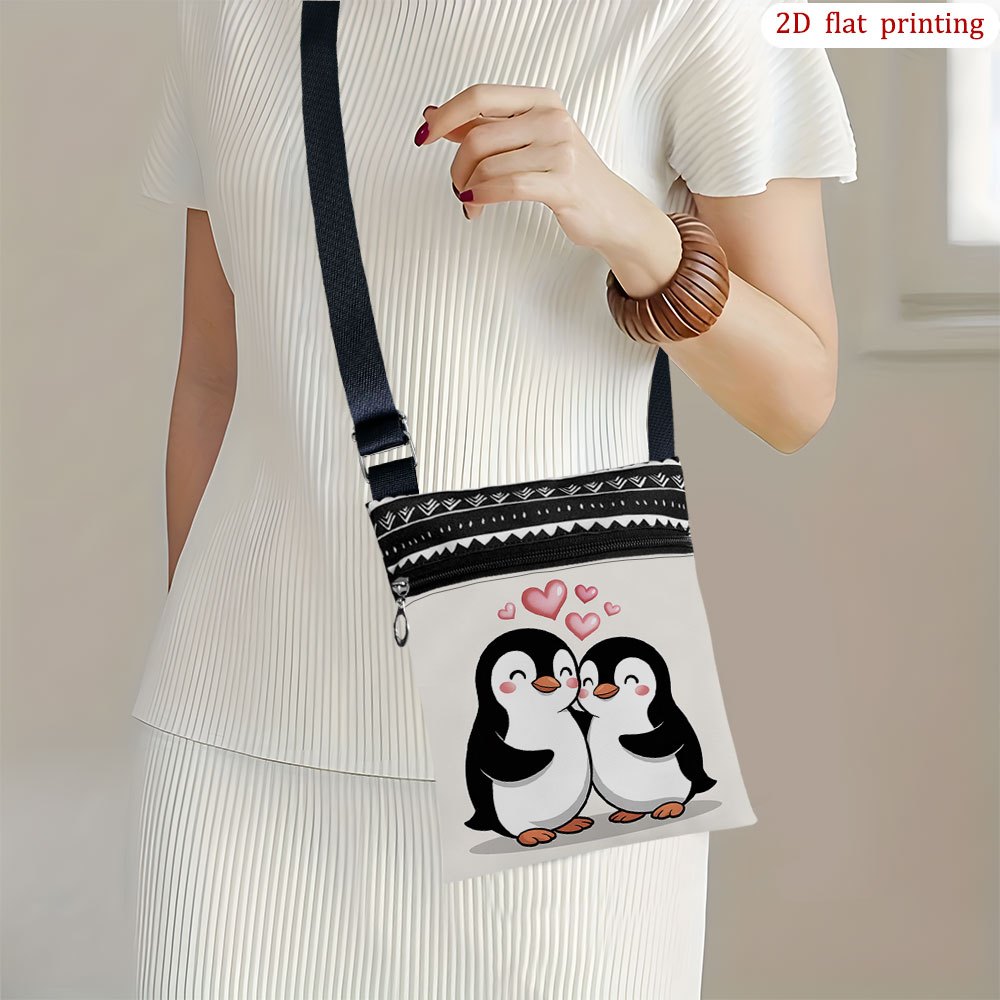 TEMU 1pc Cute Penguin & Hearts Print Crossbody Bag - Adjustable Strap, Zipper Closure, Durable Handbag Suitable For Travel, Bridal Shower Gift,