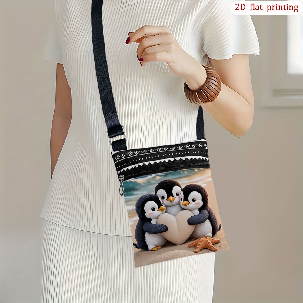 TEMU 1pc [2d Flat Print] Penguin Heart Beach Starfish Ocean Crossbody Bag For Daily Use, Assorted Colors, Sturdy And Portable, Ideal As Small Party