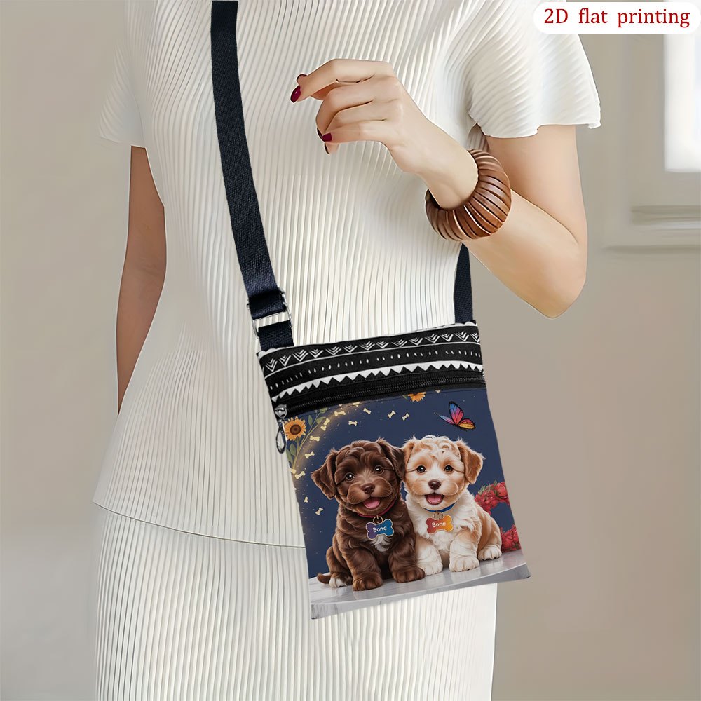 TEMU 1pc Cute Puppy & Bone Print Crossbody Bag - Adjustable Strap Lightweight Small Phone Purse With Zipper Closure, Casual Handbag For Daily Use,