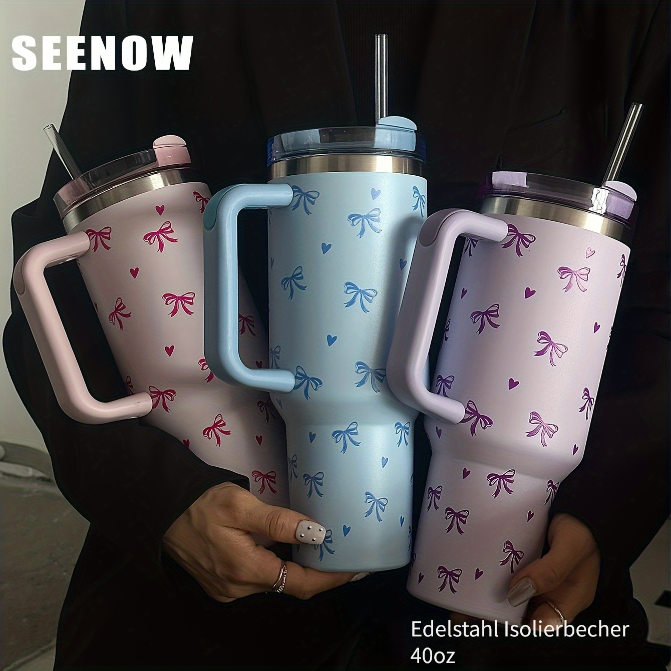*. großer 40oz/* isolierter Edelstahlbecher mit Strohhalm & niedlicher Herz-Schleife – Flasche * für Reisen, Fitnessstudio, Schule, Büro, Heiß-/Kaltgetränke – Geschenk für Frauen, Teenager,