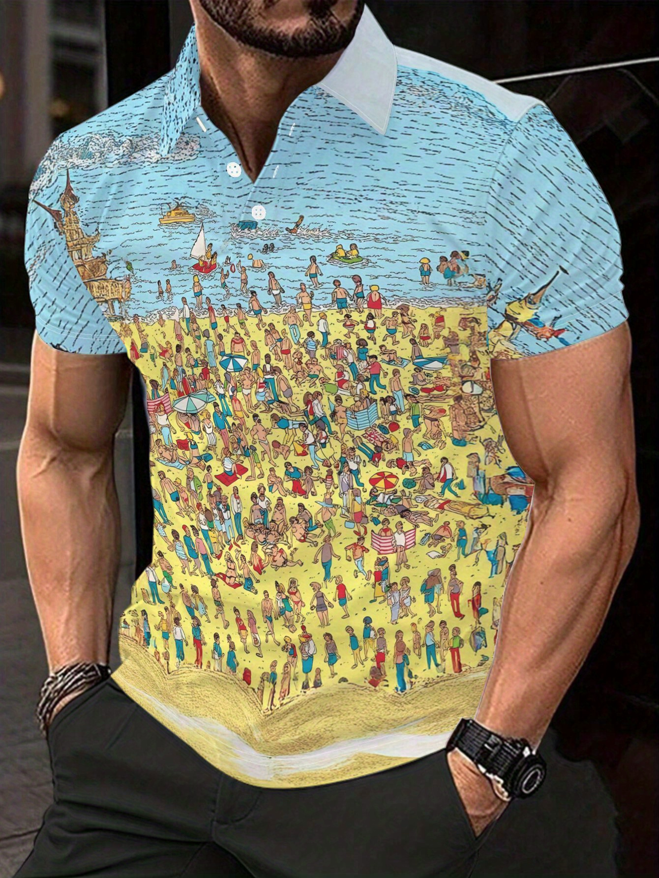 mens short sleeve   shirt flat   pattern no texture many people playing   stylish and easy short sleeves   casual collared   shirt fashionable and versatile   dates beach vacations