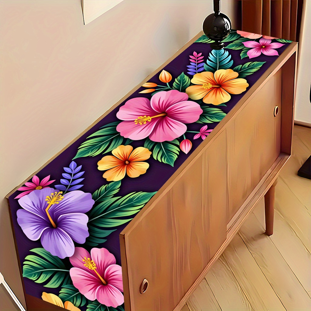 TEMU 2d Flat 1pc, Hawaiian Hibiscus Flowers And Leaves1, Printed Table Runner, Decorative Polyester Rectangular Tablecloth For Indoor/outdoor Use,