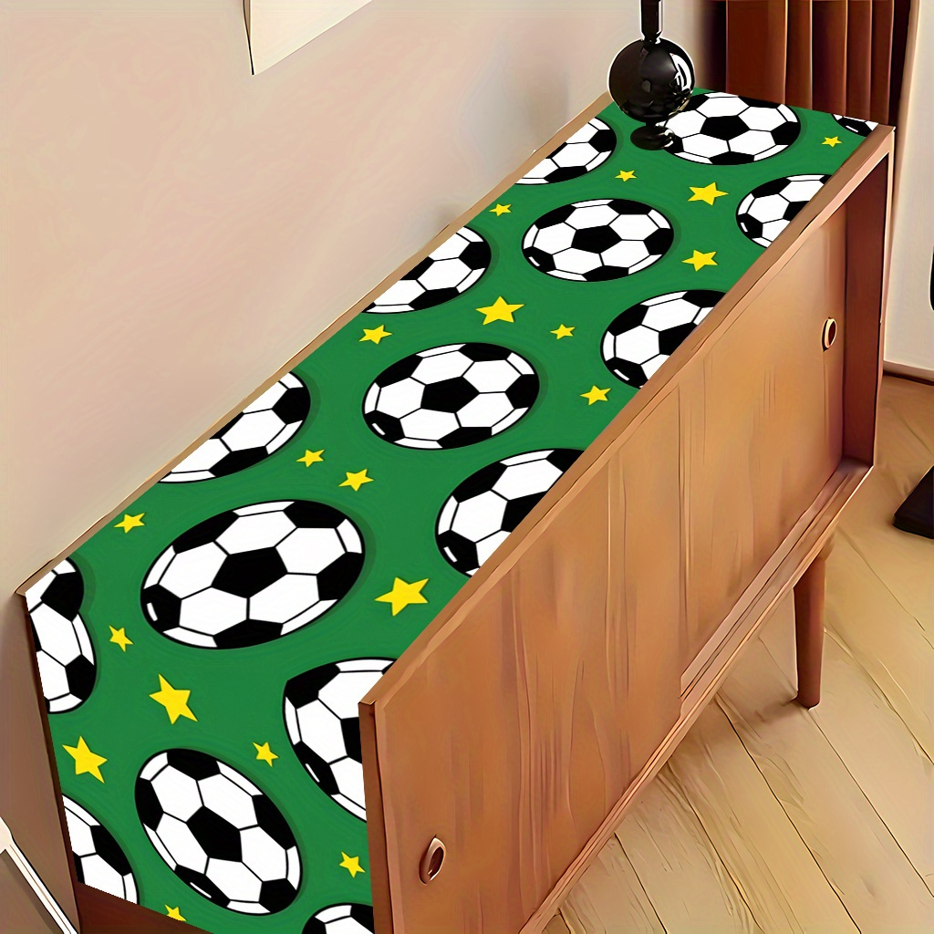 TEMU Un article imprimé en 2D avec un motif de ballon de foot vert et d'étoiles, un drapeau de table imprimé, adapté aux nappes rectangulaires