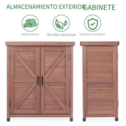 armario de almacenamiento para exteriores, de madera para herramientas con tablero de metal, de jardinería con puertas dobles para patio exterior, jardín, patio trasero (café, 31x17x36)