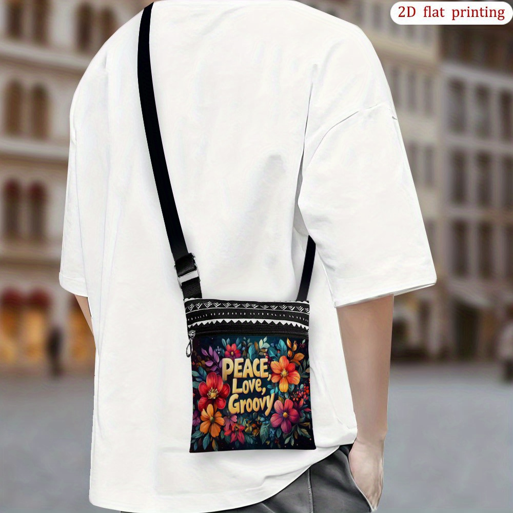 Image of 1pc [2d Flat Printing] Peace Love Groovy Crossbody Bag For Everyday Use, Reusable Lightweight Small Gift Bags Perfect For Holiday Parties And Outdoor Activities, Casual Commuting