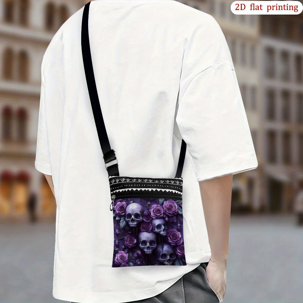 TEMU 1pc Purple Rose & Gothic Skull Crossbody Bag - Adjustable Strap Lightweight Purse For &, Gothic Wedding Accessory, Bridal Shower Gift, Durable