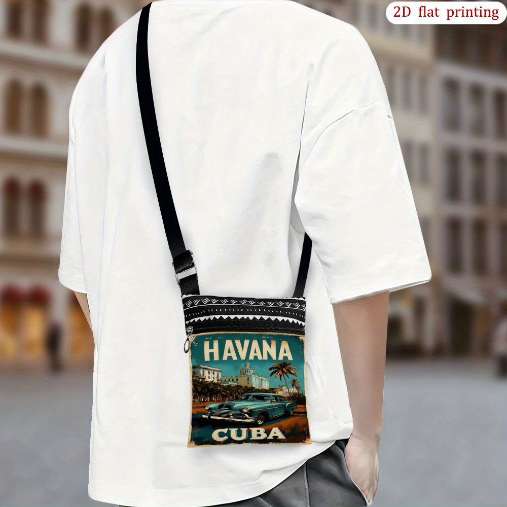 TEMU 1pc Cuba Car Cityscape Crossbody Bag - Cuban Classic Car Print (taxi, 60s) | Adjustable Strap, Lightweight Durable Fabric | For Everyday Use,