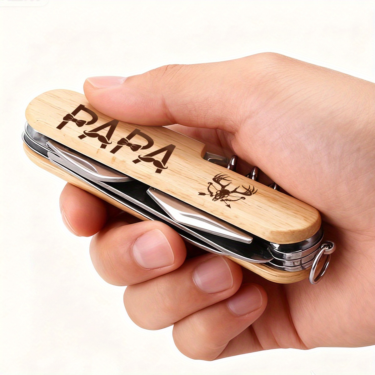 TEMU 1pc 9in 1 Multi Purpose Key Ring Tool With Scissors, Screwdriver And Bottle Opener Etc. Wood Handle Portable And For Home, Camping, Emergency Lightweight And,, Camping Accessories