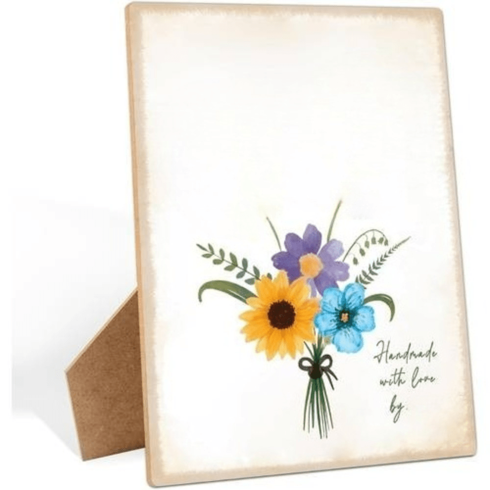 Image of 1 Set Flower Bouquet Handprint Art Kit, 9x12 Inch Wooden Keepsake Sign With Stand, Diy Craft Gift For Mom Dad On Birthday Christmas, Family Keepsake Making Activity halloween Christmas Decoration