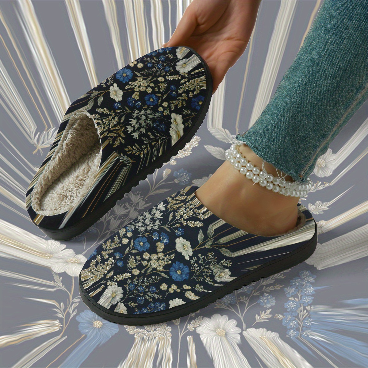 a pair of unisex winter plush slippers with a black floral abstract art pattern suitable for indoor and outdoor use warm plush shoes perfect as a holiday gift womens slippers room slippers christmas present winter slippers women shoes