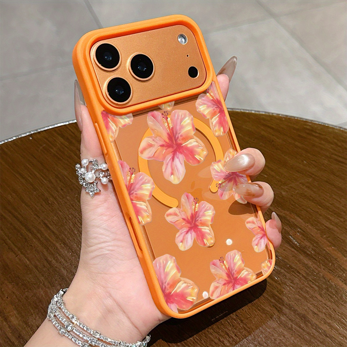 TEMU 1 Hibiscus Tropical Flower Orange Floral Print Phone Case, Luxury Magnetic Wireless Charging Case Compatible With Iphone 11 12 13 17 Pro Max ,