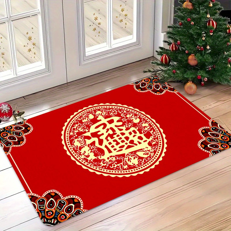 TEMU 1pc Character - Traditional Good Luck Symbol Non-slip Suitable For Kitchen, Entryway, Living Room - Machine Washable Soft Floor Mat With Fu