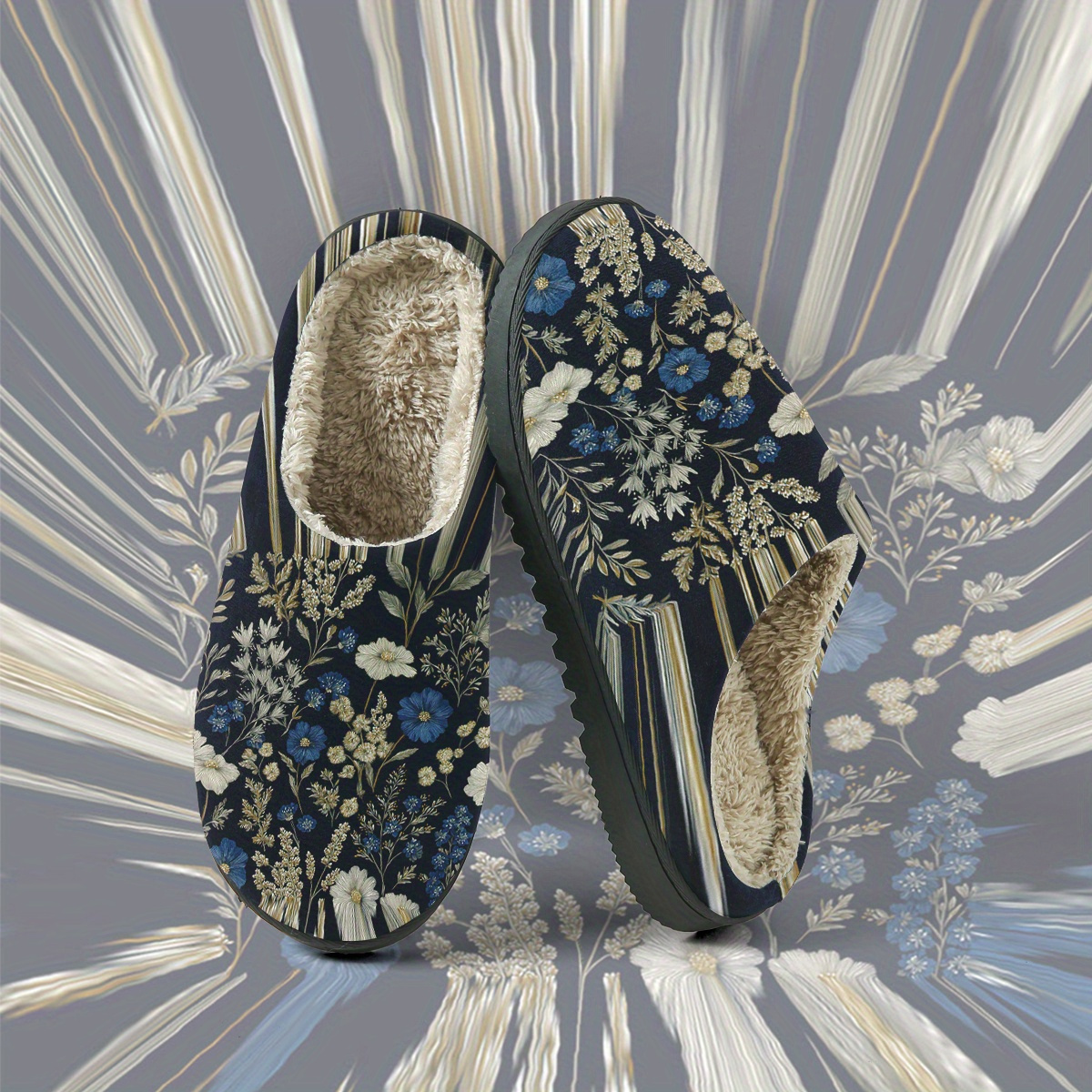 item picture a pair of unisex winter plush slippers with a black floral abstract art pattern suitable for indoor and outdoor use warm plush shoes perfect as a holiday gift womens slippers room slippers christmas present winter slippers women shoes