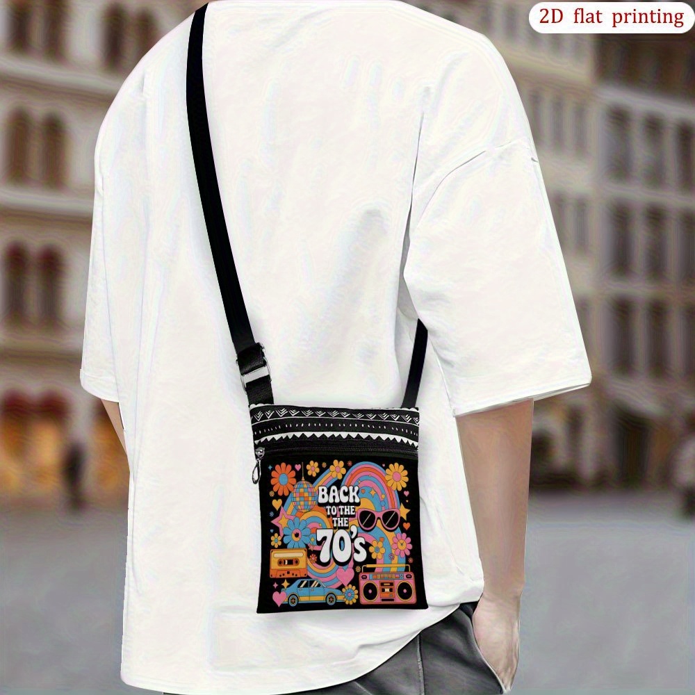 TEMU 1pc Vintage 70s Retro Crossbody Bag With 2d Flat Print - Adjustable Strap Lightweight Small Phone Pocket For Wedding Party, Beach Trips & Daily