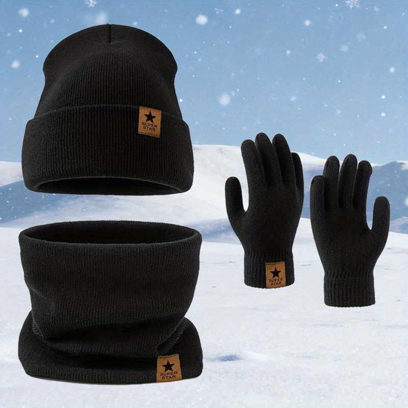 TEMU Unisex Car Logo Winter Hat, Scarf, And Gloves Three-piece Set, A Stylish And Warm Outfit, Perfect For Outdoor Leisure Sports In Cold Weather, An