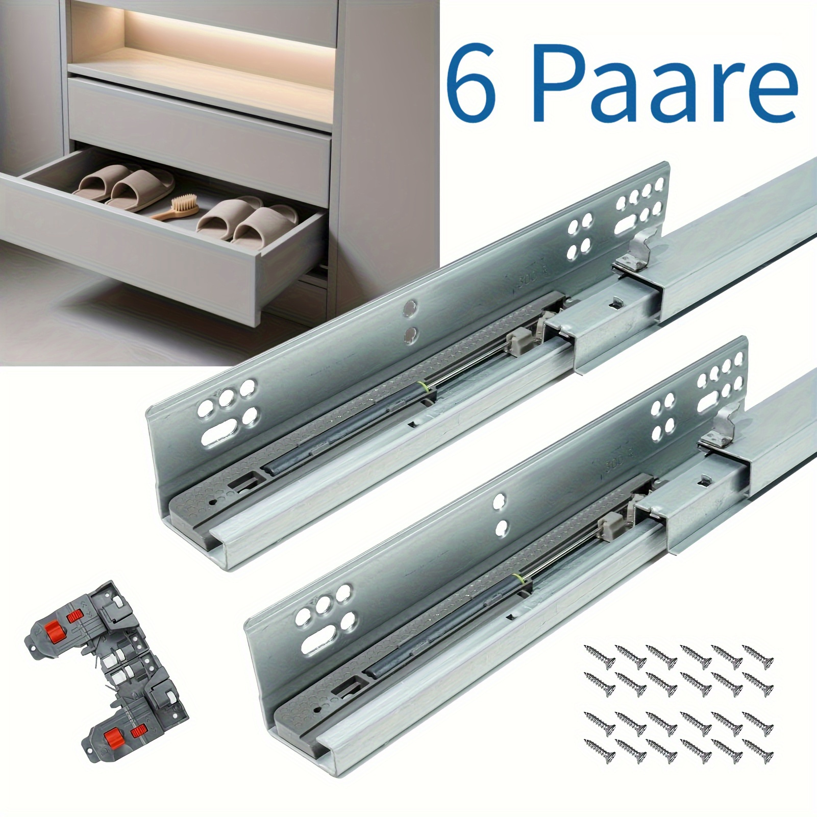 6 Pairs Heavy Duty Ball Bearing Drawer Slides, Full Extension Soft Close Silent Bottom Mount Cabinet Rails, 77lbs 300mm/400mm/450mm