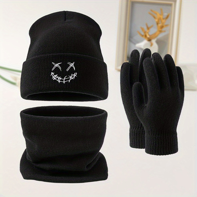 TEMU Youth Fashion Xx Face Embroidered Knit Hat, Scarf, And Gloves 3pcs Set, Winter Affordable Windproof Cold-resistant Warm Set, Beanie, Scarf, And