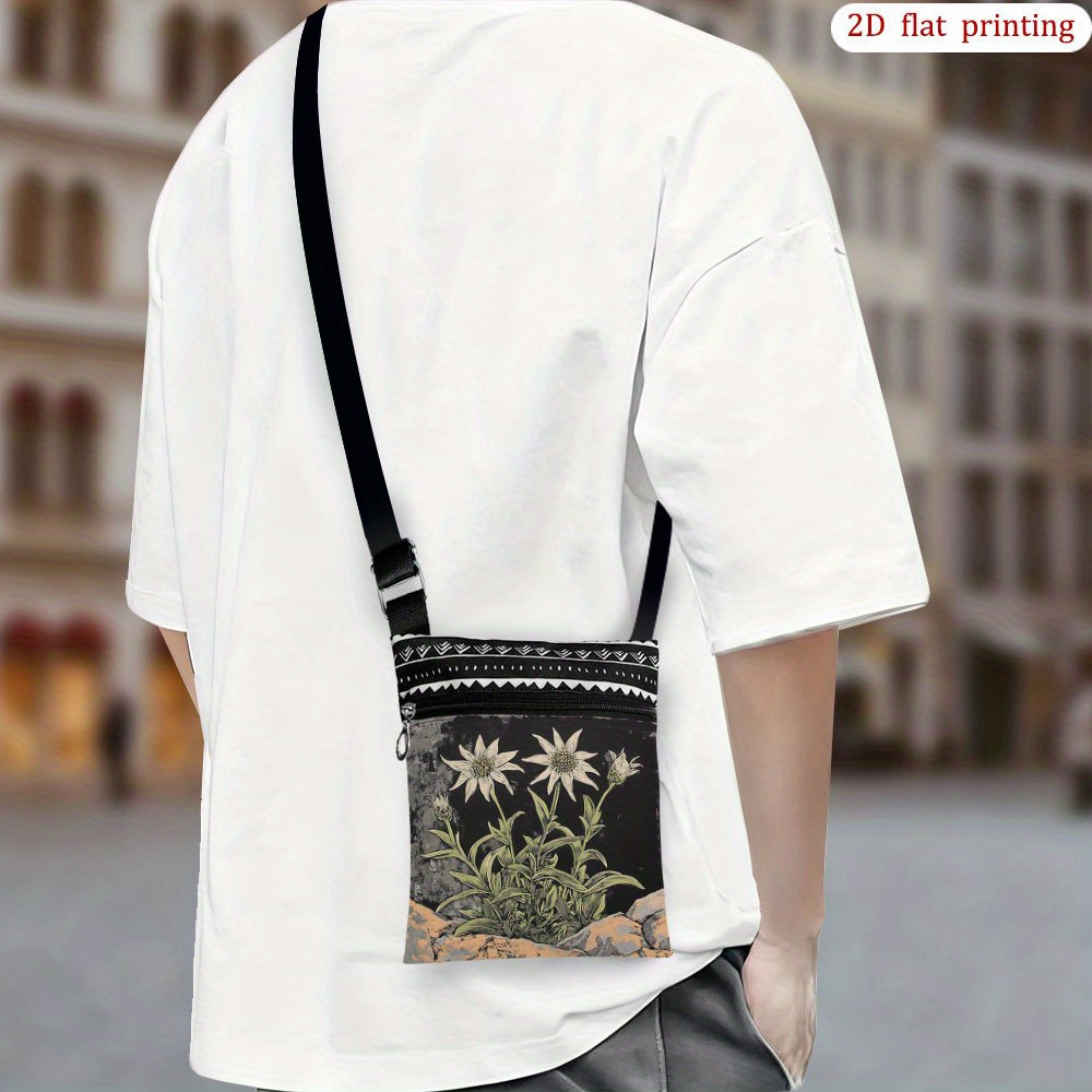 TEMU 1 Stück Edelweiß-Blumen Rock Crossbody-Tasche - 2D Flachdruck & Design, verstellbarer Gurt, langlebige kleine Handytasche für Outdoor, Casual,