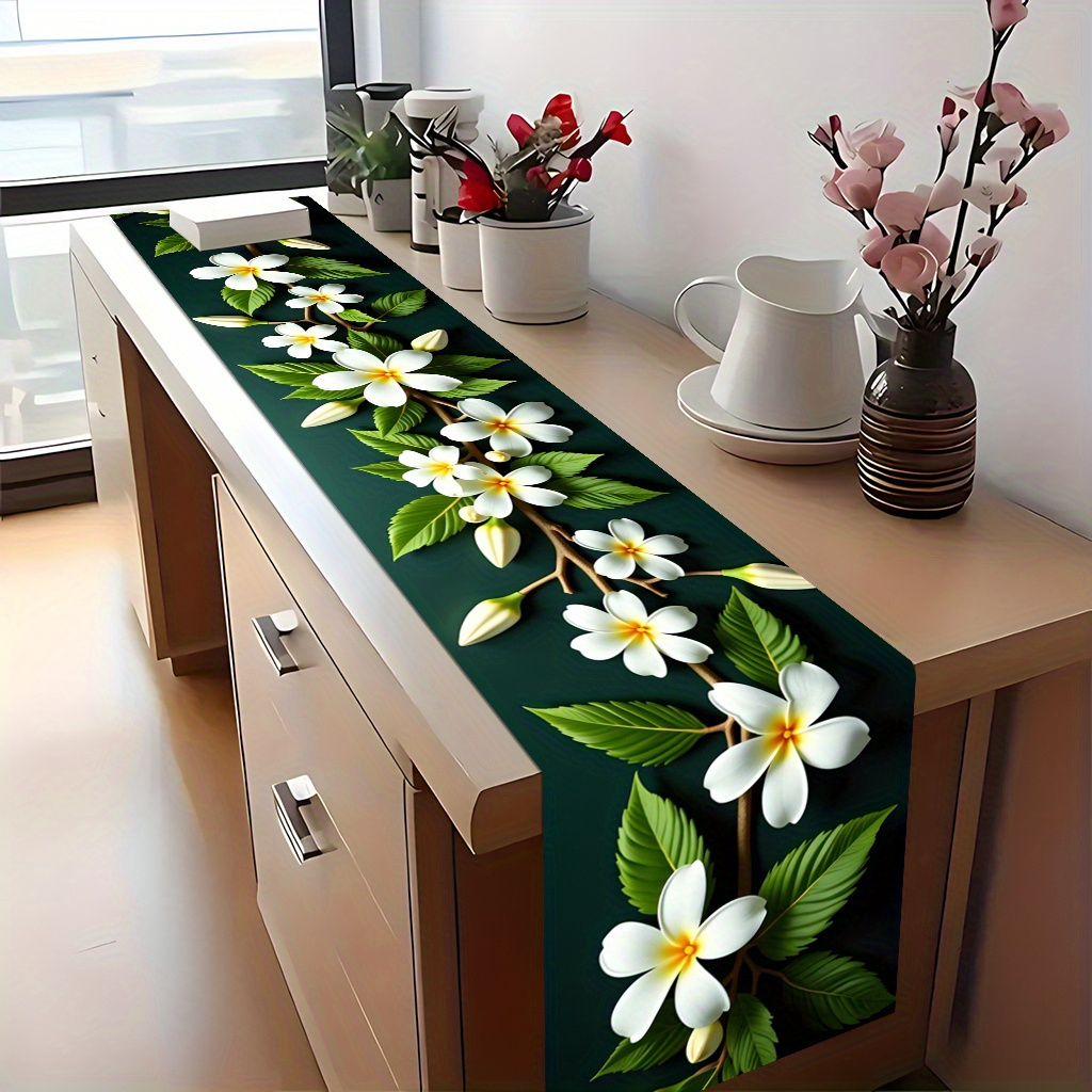 TEMU 2d Flat Printed Table Runner 1pc, White Plumeria Flowers, Bright Polyester Fabric, Holiday Tablecloth, Suitable For Kitchen And Restaurant,