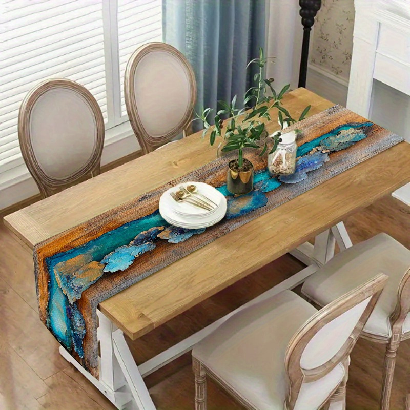 Image of Bohemian Style Table Runner | Turquoise & Teal Geode Print On Wood-like Polyester | Ideal For Weddings, Rustic Events & Artisan Markets | Durable & Elegant Dining Decor, Bohemian Home Decor