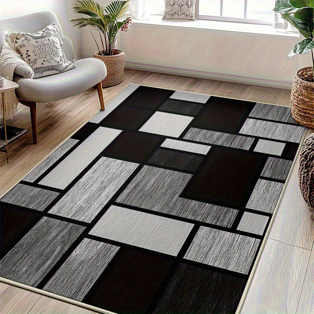 TEMU Velvet Material And Non-slip Plastic Backing, Thickened Machine Washable Soft Carpet, Black And White Geometric , Modern Easy Style Rug For