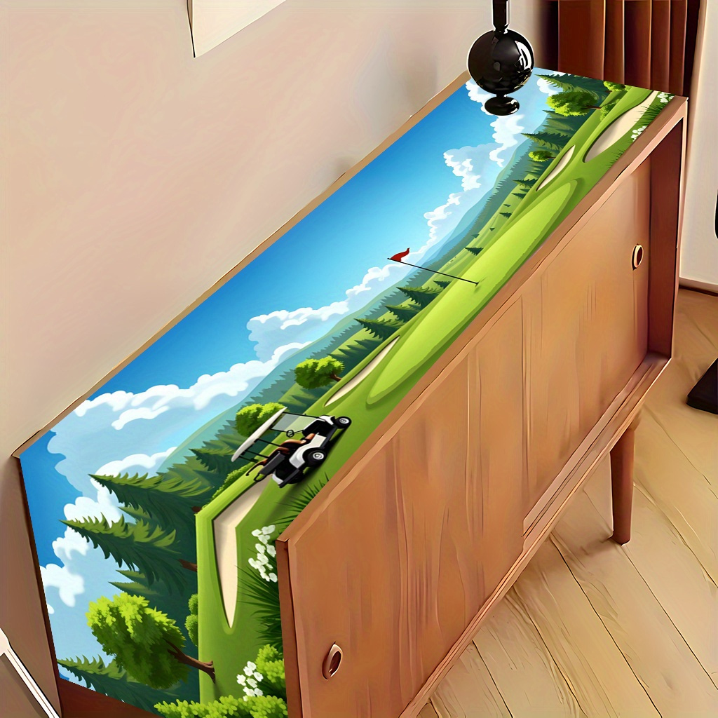 TEMU 2d Flat 1pc, A Golf Course With A House And A Golf Cart1, Printed Table Runner, Decorative Polyester Rectangular Tablecloth For Indoor/outdoor