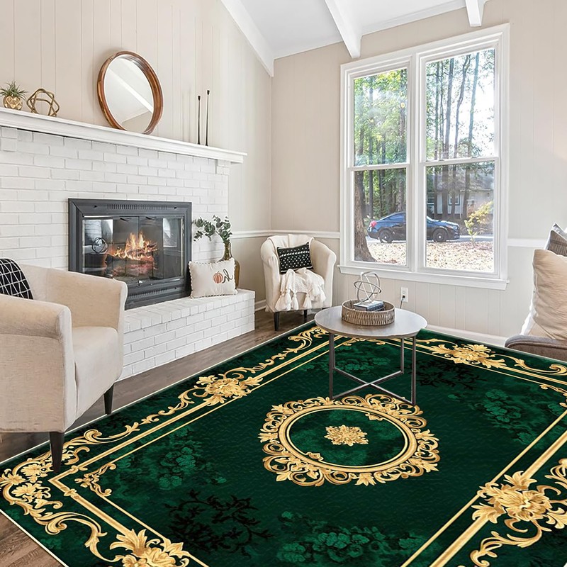TEMU 1pc Elegant Gold-trimmed Patterned Carpet | , Lightweight, Machine Washable, , Ideal For Living Room, Bedroom, Dining Room, Office, Entryway,