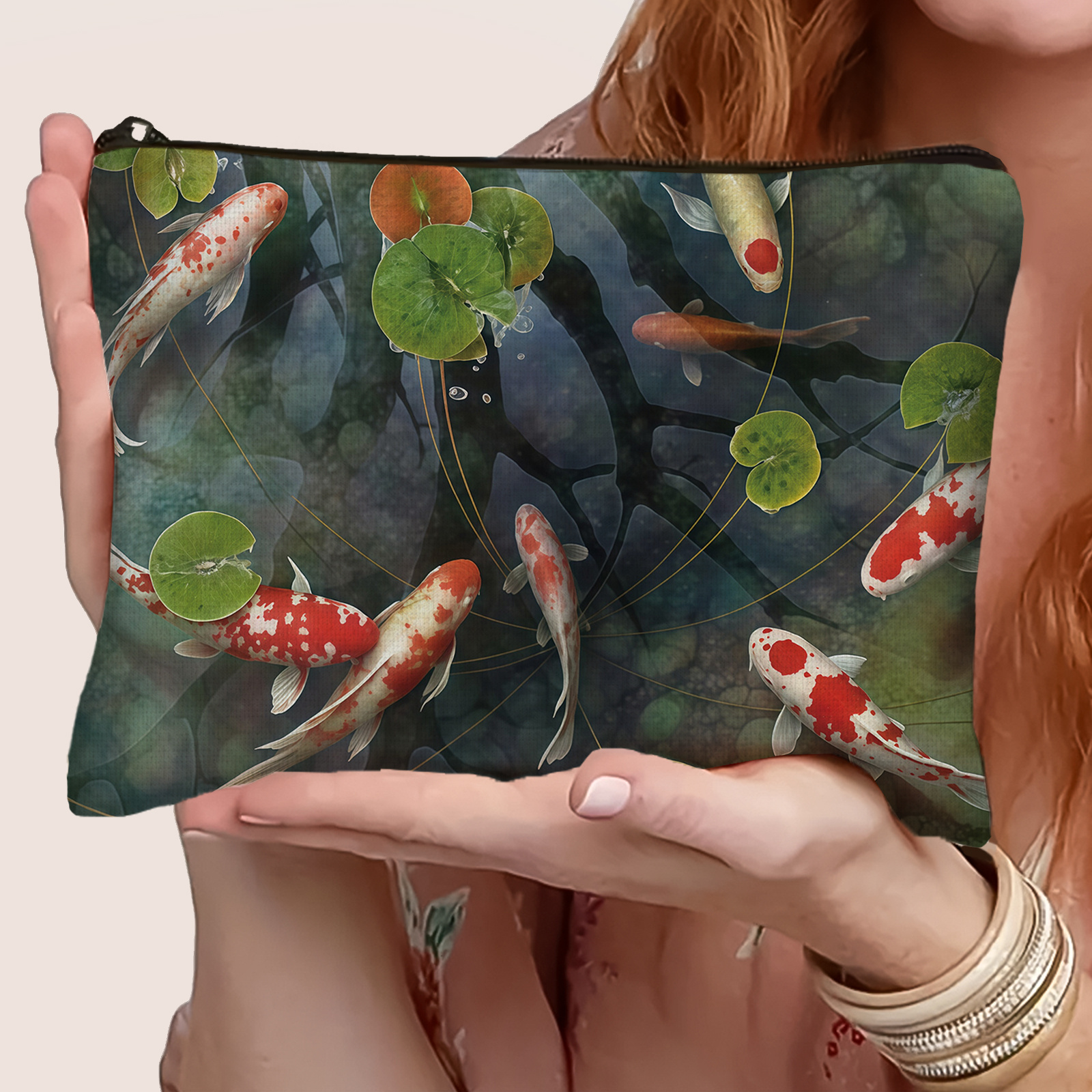 1pc Koi Fish & For Lotus -themed Makeup Bag - / Travel Case With Lining, Pond Design For Nail Artists, Durable Gift Suitable For & Manicurists