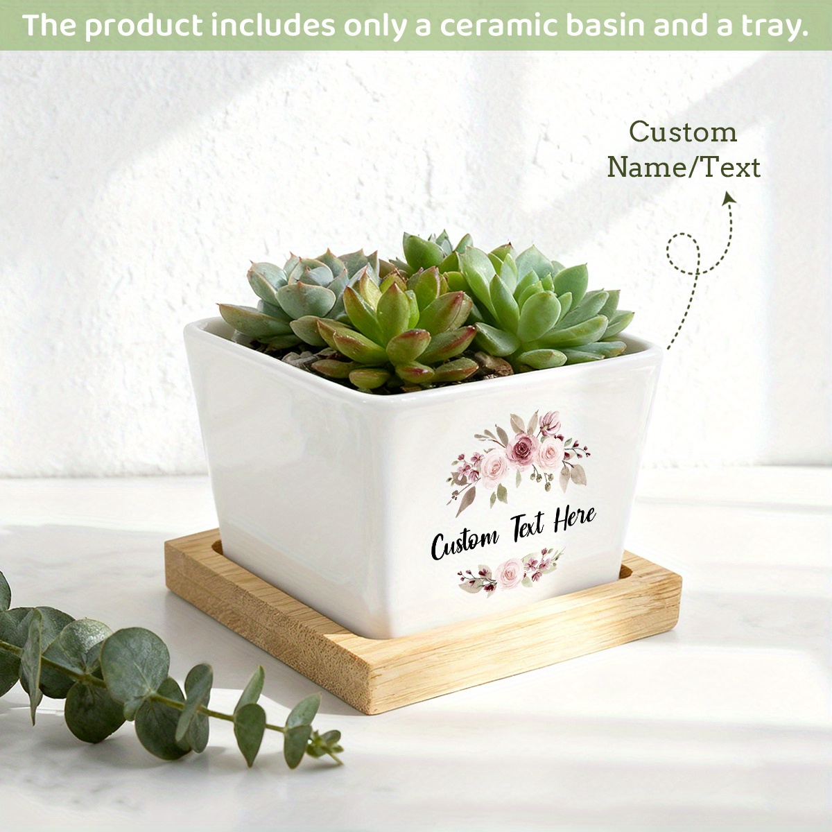 TEMU Un vaso in ceramica unico e con un design a primaverile e base in bamb羅; per composizioni di piante grasse personalizzate; dotato di aperture di