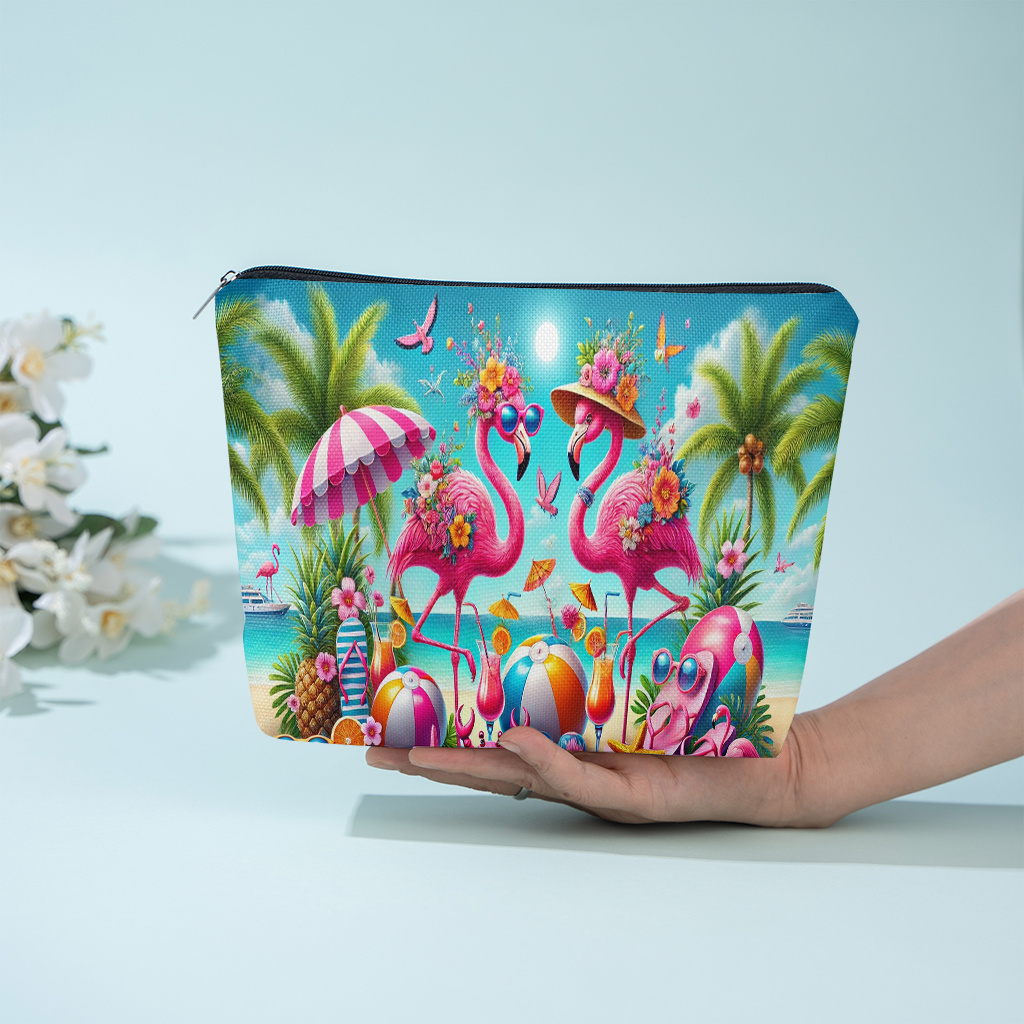 E-shop 1 Make-up-Tasche mit tropischen Strandflamingos, Kosmetik-Organizer, Kulturtasche, geeignet für Partys, Shopping und den täglichen Gebrauch, mit