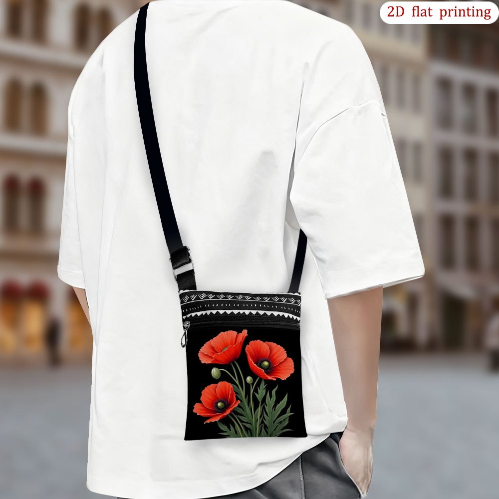 TEMU 1pc Red Poppy & Green Crossbody Bag - 2d Flat Print Small Phone Purse With Adjustable Strap, Durable Portable For Daily Commuting, Outdoor