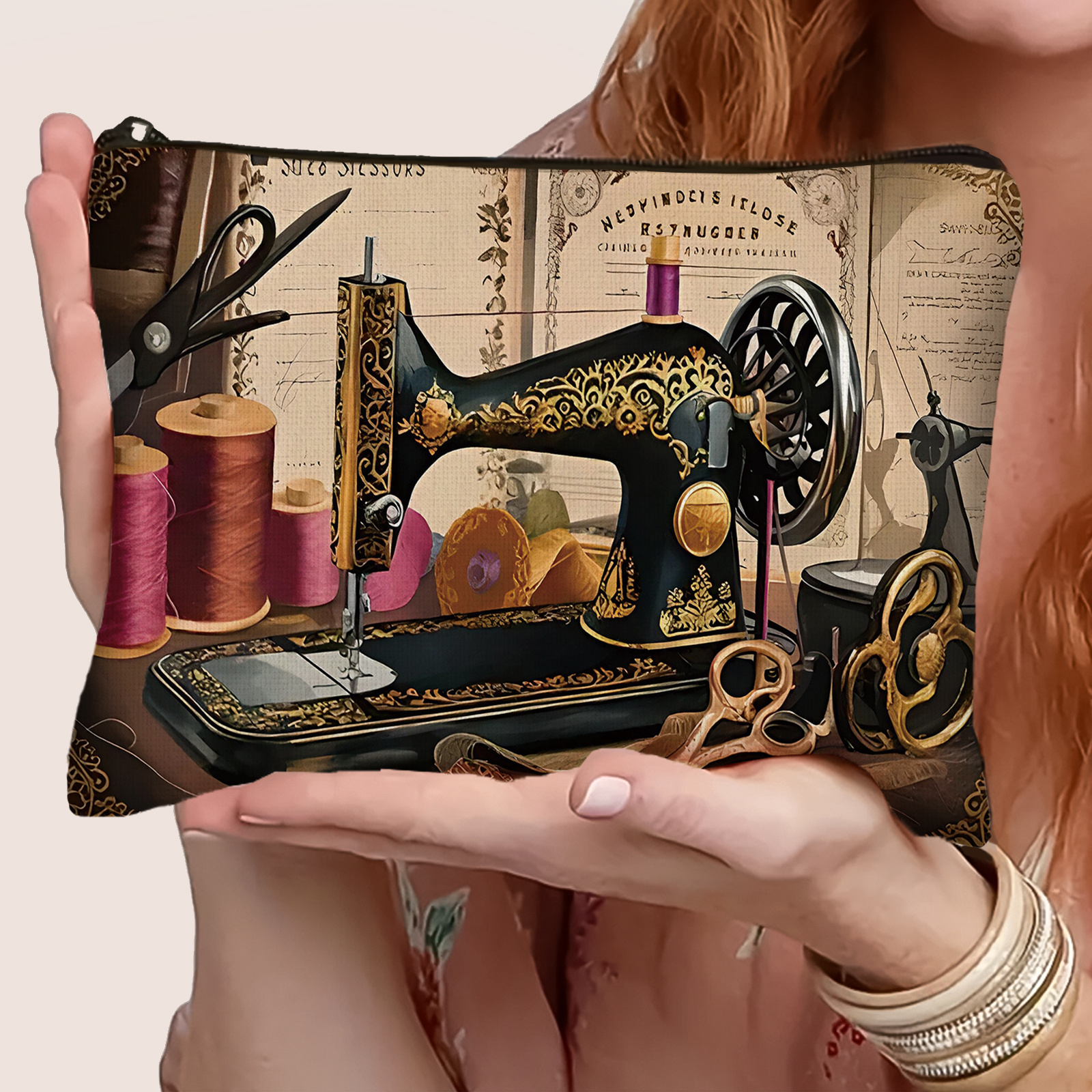 TEMU 1pc Vintage Sewing Machine "sewing Time" Makeup Bag, With Inner Lining For Durability, Multi- Use, Travel Toiletry Pouch, Suitable For Daily Use