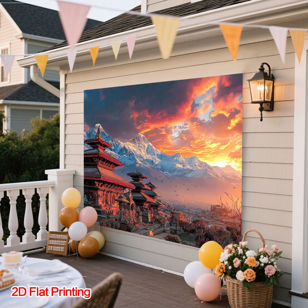 2D Flat, 1pc 2D Flat Printing Nepal Kathmandu Temple Landscape Photography Background, Polyester Fabric, Suitable for Home, Courtyard, Studio, Ideal for Tropical Escape & Still Life Shooting Photo Props, Dining Room Corner Decor & Patio Embellishment