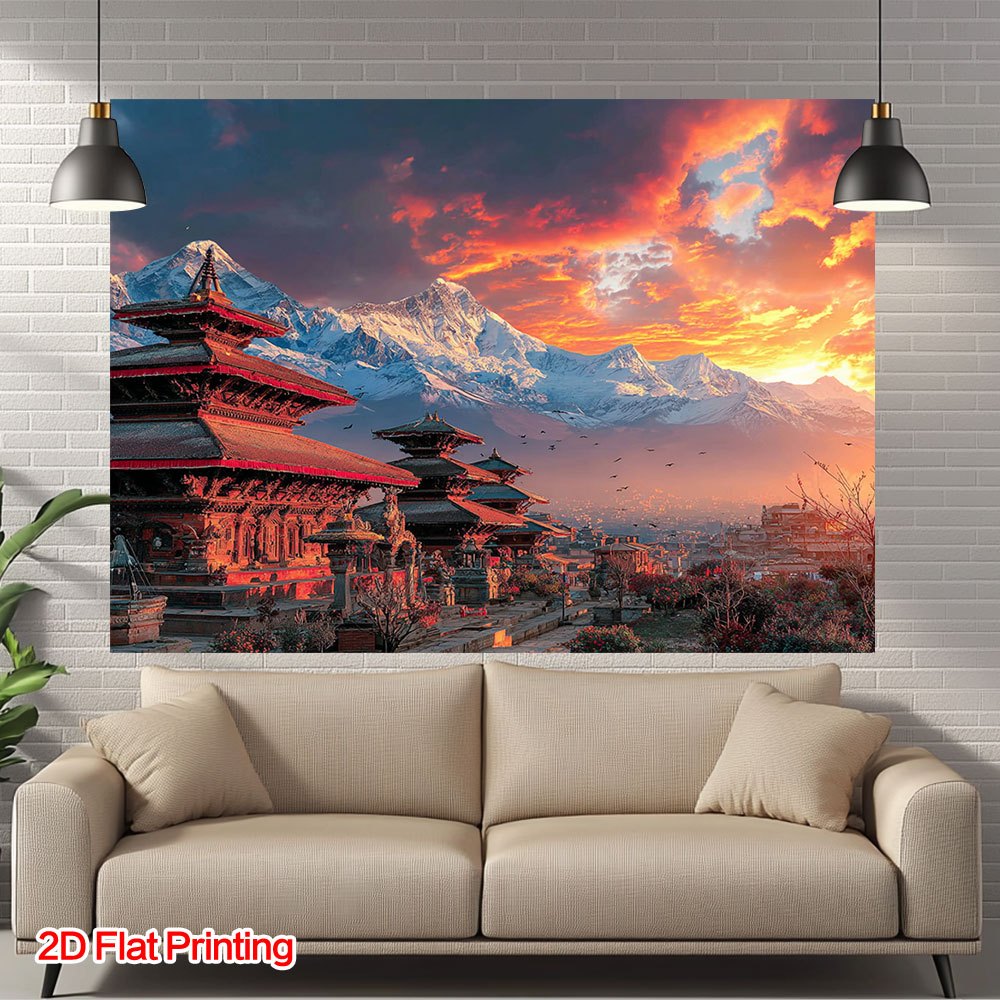 2D Flat, 1pc 2D Flat Printing Nepal Kathmandu Temple Landscape Photography Background, Polyester Fabric, Suitable for Home, Courtyard, Studio, Ideal for Tropical Escape & Still Life Shooting Photo Props, Dining Room Corner Decor & Patio Embellishment