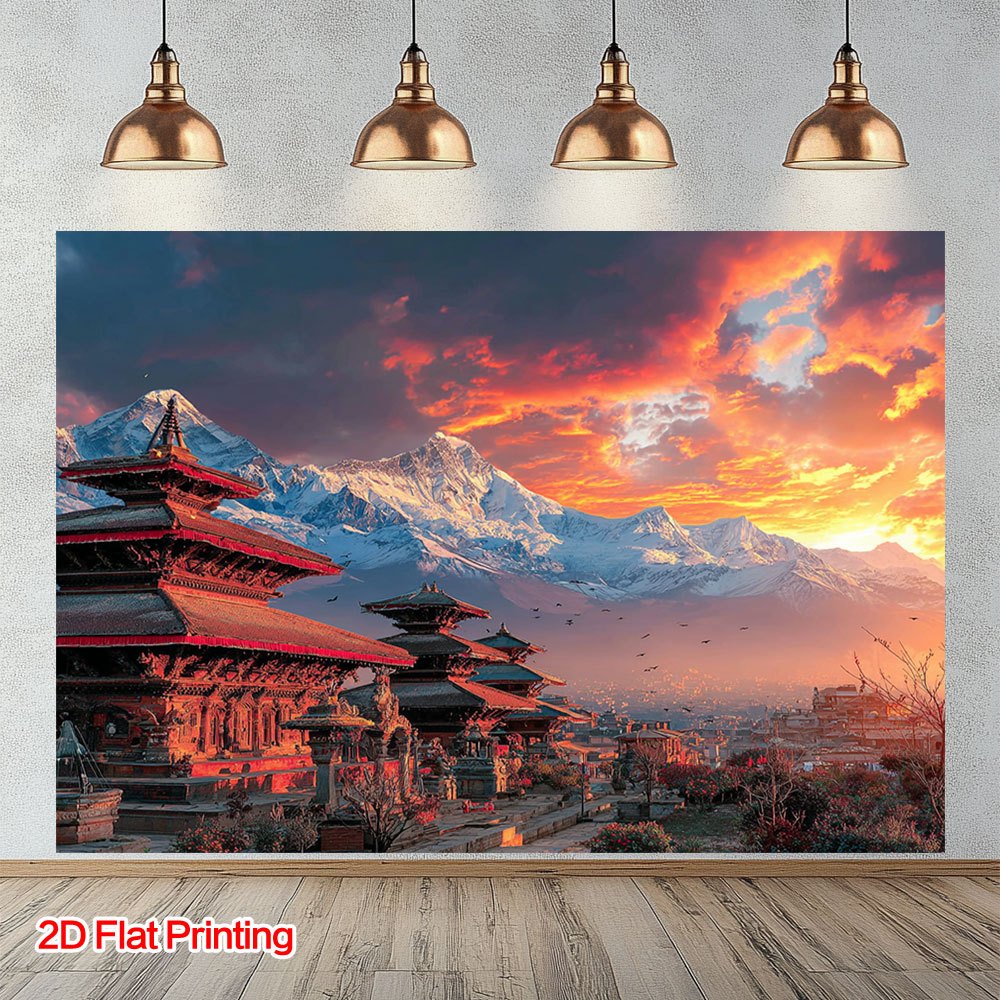 2d flat, 1pc 2d flat printing nepal kathmandu temple landscape photography background, polyester fabric, suitable for home, courtyard, studio, ideal for tropical escape & still life shooting photo props, dining room corner decor & patio embellishment