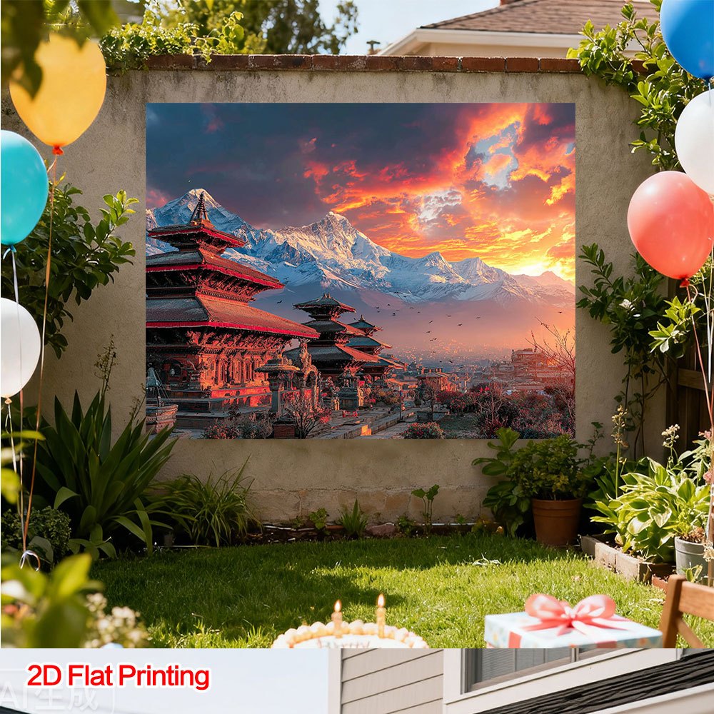 2D Flat, 1pc 2D Flat Printing Nepal Kathmandu Temple Landscape Photography Background, Polyester Fabric, Suitable for Home, Courtyard, Studio, Ideal for Tropical Escape & Still Life Shooting Photo Props, Dining Room Corner Decor & Patio Embellishment