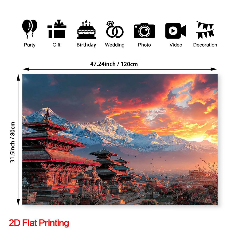 2D Flat, 1pc 2D Flat Printing Nepal Kathmandu Temple Landscape Photography Background, Polyester Fabric, Suitable for Home, Courtyard, Studio, Ideal for Tropical Escape & Still Life Shooting Photo Props, Dining Room Corner Decor & Patio Embellishment