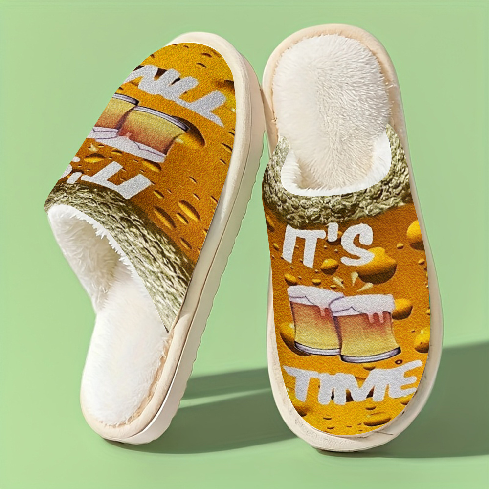 TEMU A Pair Of Men's Soft Plush Slippers Featuring A Beer And Text Design, Suitable For Men And Women, Perfect For Pet Lovers, Ideal For , Providing