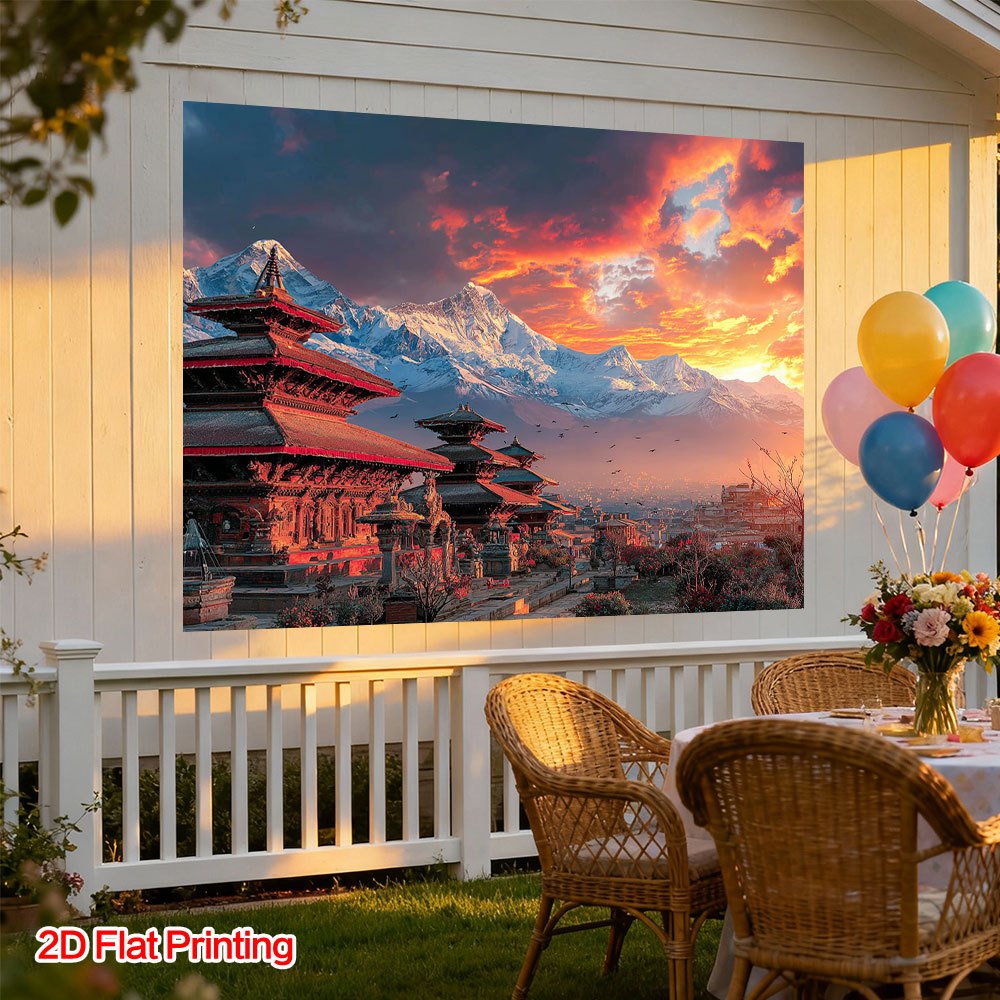 2D Flat, 1pc 2D Flat Printing Nepal Kathmandu Temple Landscape Photography Background, Polyester Fabric, Suitable for Home, Courtyard, Studio, Ideal for Tropical Escape & Still Life Shooting Photo Props, Dining Room Corner Decor & Patio Embellishment