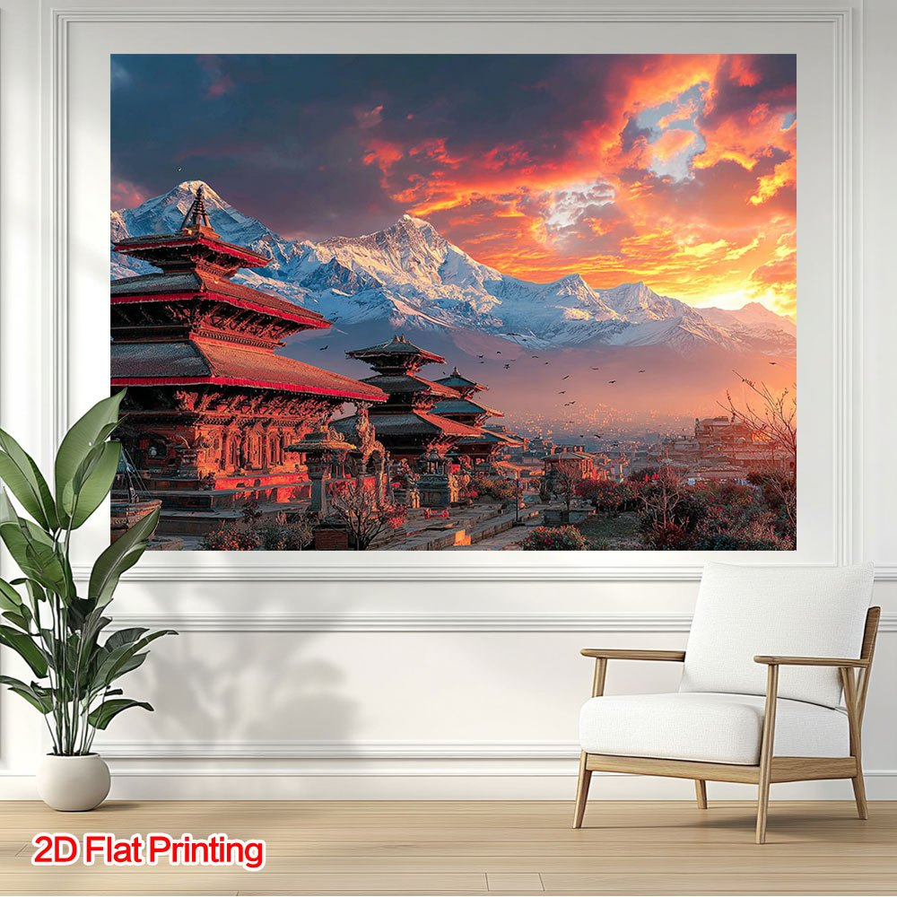 2D Flat, 1pc 2D Flat Printing Nepal Kathmandu Temple Landscape Photography Background, Polyester Fabric, Suitable for Home, Courtyard, Studio, Ideal for Tropical Escape & Still Life Shooting Photo Props, Dining Room Corner Decor & Patio Embellishment