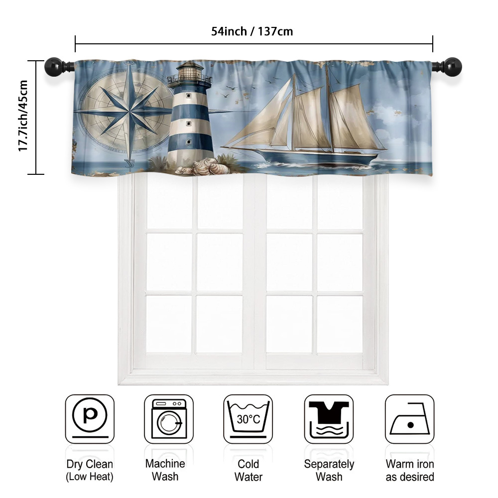 TEMU 2d Flat, 1pc Nautical Lighthouse & Sailboat Valance Curtain - Maritime Lighthouse, Sailboat & Nautical Chart Print Semi- Window Valance, Rod ,