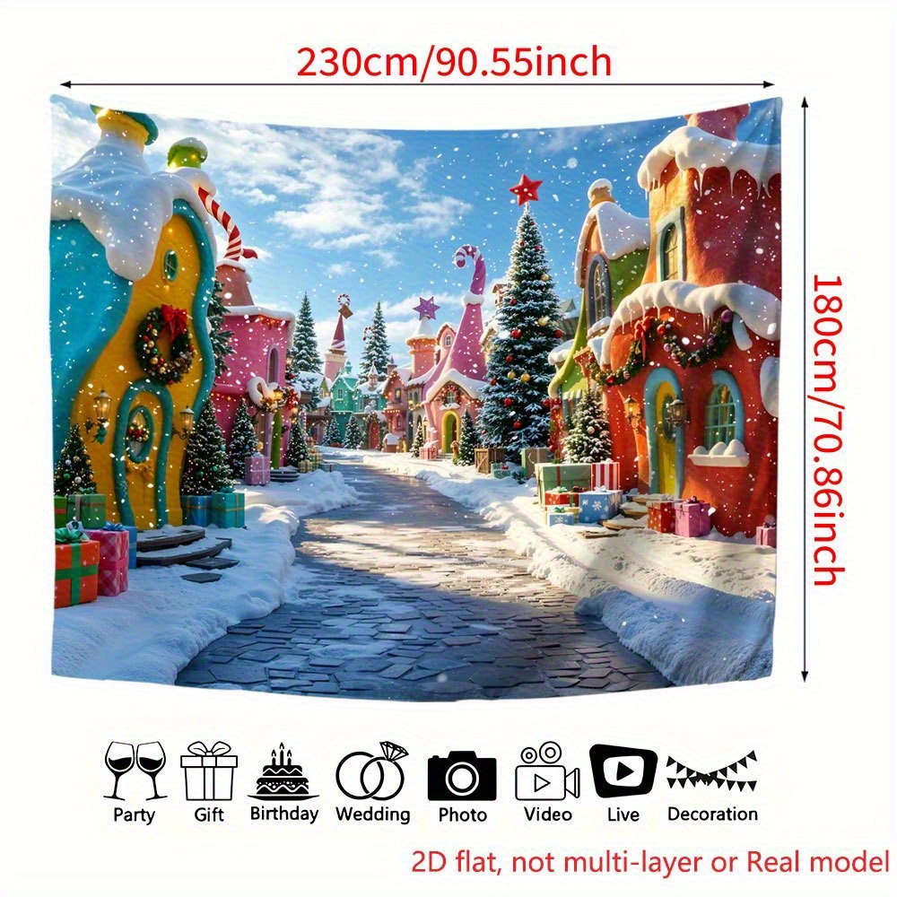 TEMU 2d Flat, 2d Flat Printing Party Banners 1pc Snowy Christmas Village With Gifts And Trees Backdrop Banner Banner Photography Wall Decoration For