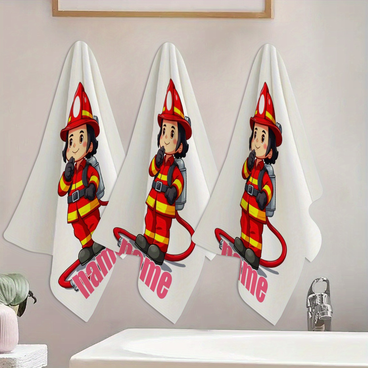TEMU 1pc, Custom Name, Cartoon Firefighter Pattern Cartoon Anime Towel, Striped Design, Bathroom Towel, Quick-drying Absorbent Towel, Nordic