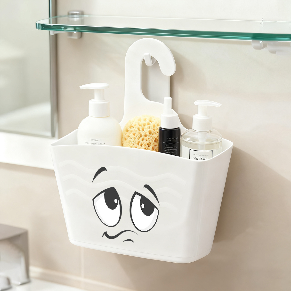 TEMU 1pc White Plastic Shower Organizer Featuring A Cartoon Design With Eyes, Designed For Easy Hanging Without Drilling. It Serves As A Shampoo