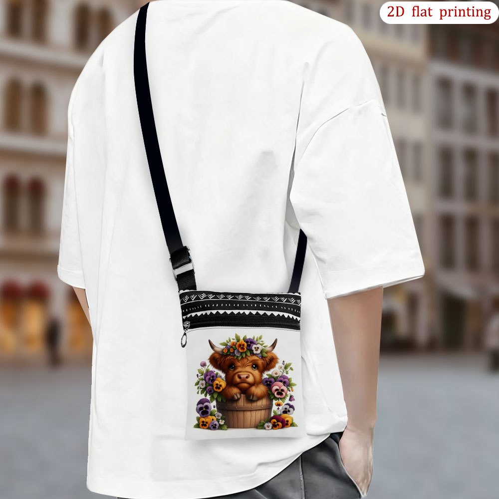 TEMU 1pc Scottish-themed Highland Cow & Thistle Crossbody Bag - Adjustable Strap, Durable Fabric Wedding Favor Gift For Parties, Casual Handbag For
