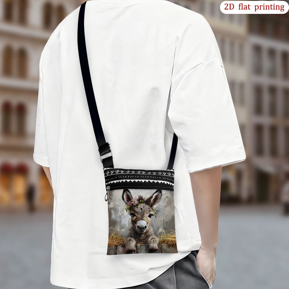 TEMU 1pc [2d Flat Printing] Donkey Flower Crown Straw Gray Crossbody Bag Daily Use, Mixed Colors Durable Portable Small Shoulder Bag Gift For Small
