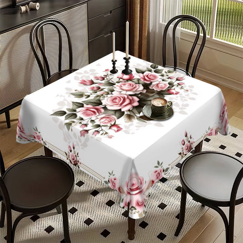 E-shop Rechteckige Tischdecke, Tischdecke mit rosa Rosenblumenmuster, geeignet für Frühling, Sommer, Küche zu Hause, Restaurantterrasse, Innen- und