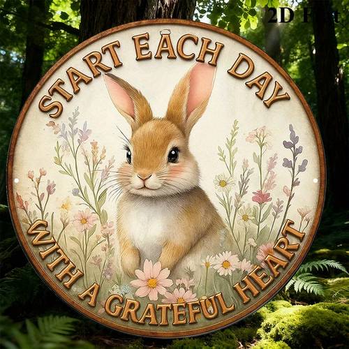 item picture a single 8x8 inch round aluminum sign featuring a vintage plaque with start each day with a designed with a rabbit decorating living rooms bedrooms dining rooms cafes and offices